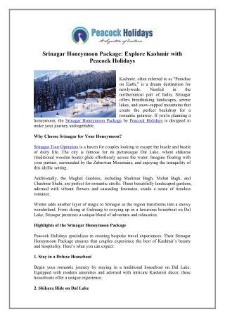 Kashmir Honeymoon Tour Package  6 Nights 7 Days