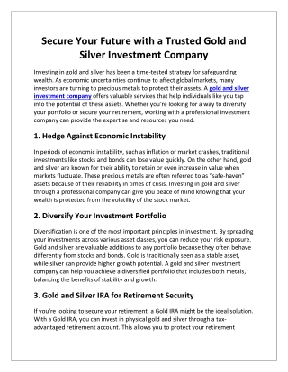 Secure Your Future with a Trusted Gold and Silver Investment Company