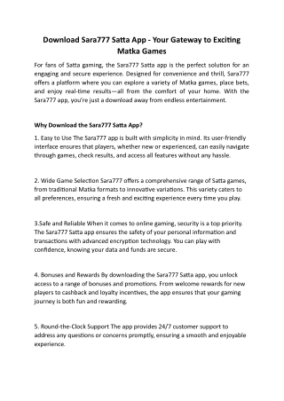 Download Sara777 Satta App - Your Gateway to Exciting Matka Games