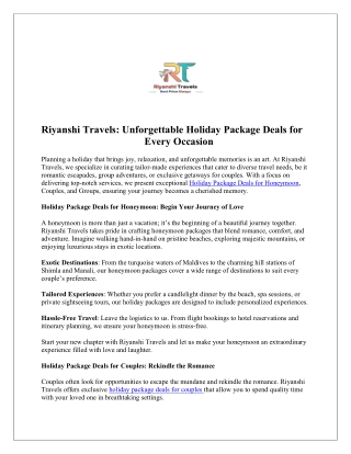 Riyanshi Travels Unforgettable Holiday Package Deals for Every Occasion