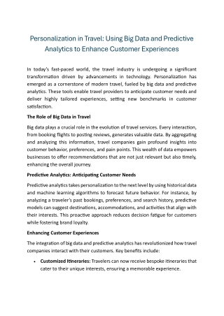 Personalization in Travel Using Big Data and Predictive Analytics to Enhance Customer Experiences