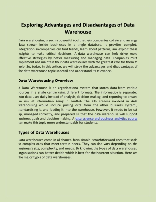 Exploring Advantages and Disadvantages of Data Warehouse