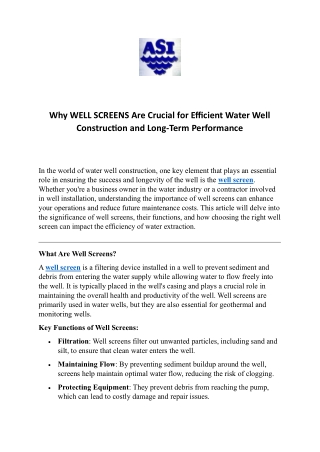 Why WELL SCREENS Are Crucial for Efficient Water Well Construction and Long-Term Performance