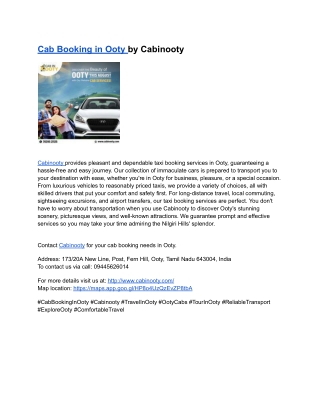Cab Booking in Ooty by Cabinooty