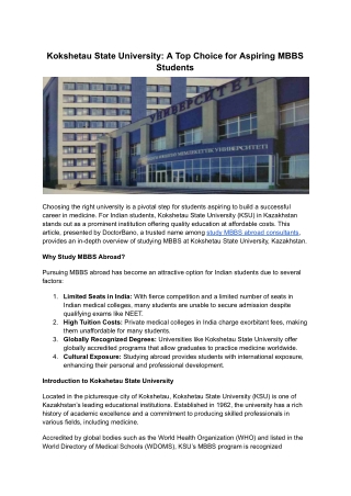 Kokshetau State University: A Top Choice for Aspiring MBBS Students
