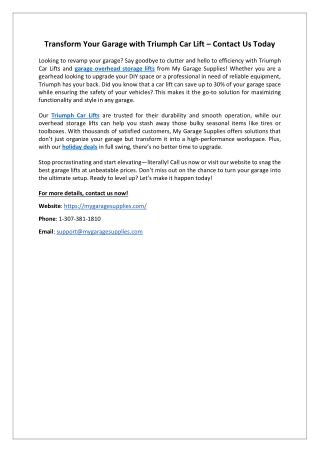 Transform Your Garage with Triumph Car Lift – Contact Us Today