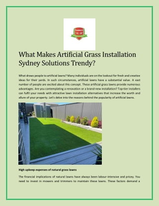 What Makes Artificial Grass Installation Sydney Solutions Trendy?