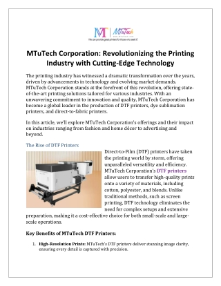 MTuTech Corporation Revolutionizing the Printing Industry with Cutting-Edge Technology