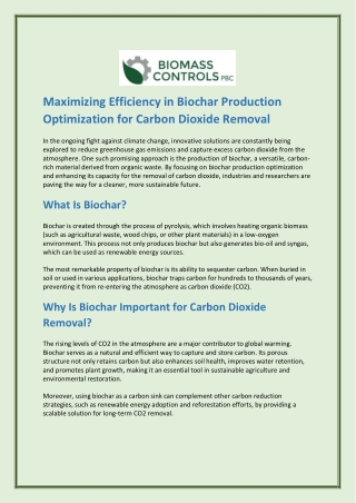 Maximizing Efficiency in Biochar Production Optimization for Carbon Dioxide Removal