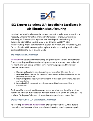 EXL Exports Solutions LLP Redefining Excellence in Air Filtration Manufacturing