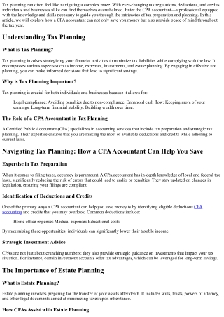 Navigating Tax Planning: How a CPA Accountant Can Help You Save