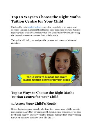 Top 10 Ways to Choose the Right Maths Tuition Centre for Your Child