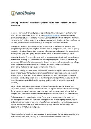 Building Tomorrow's Innovators: Spherule Foundation's Role in Computer Education