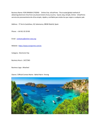 FOR SPANISH CITIZENS -   Online Visa  eVisaPrime - The trusted global method of
