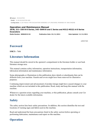 Caterpillar CAT 311B EXCAVATOR (8GR00001-UP) Operation and Maintenance Manual Instant Download