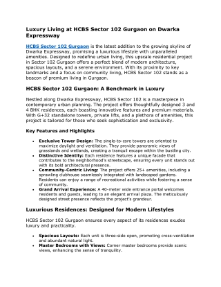 Luxury Living at HCBS Sector 102 Gurgaon on Dwarka Expressway