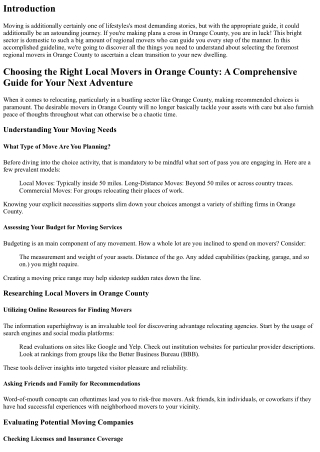 Choosing the Right Local Movers in Orange County: A Comprehensive Guide for Your