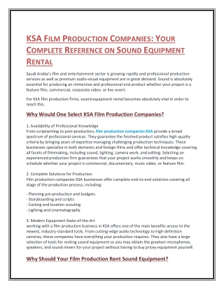 KSA FILM PRODUCTION COMPANIES YOUR COMPLETE REFERENCE ON SOUND EQUIPMENT RENTAL