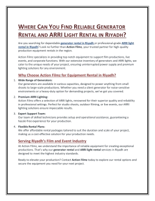 Where Can You Find Reliable Generator Rental and ARRI Light Rental in Riyadh