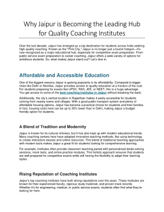 Why Jaipur is Becoming the Leading Hub for Quality Coaching Institutes