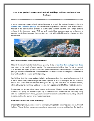 Plan Your Spiritual Journey with Mukmit Holidays - Vaishno Devi Katra Tour Package