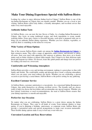 Make Your Dining Experience Special with Saffron Bistro