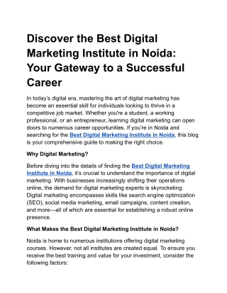 Discover the Best Digital Marketing Institute in Noida: Your Gateway