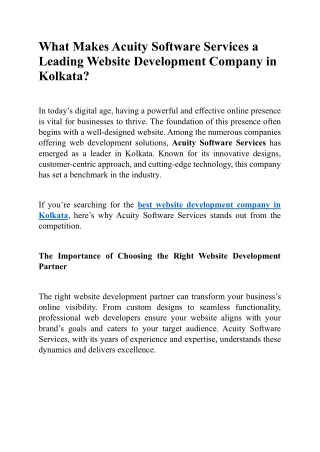 What Makes Acuity Software Services a Leading Website Development Company in Kolkata