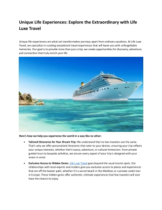 Unique Life Experiences - Explore the Extraordinary with Life Luxe Travel