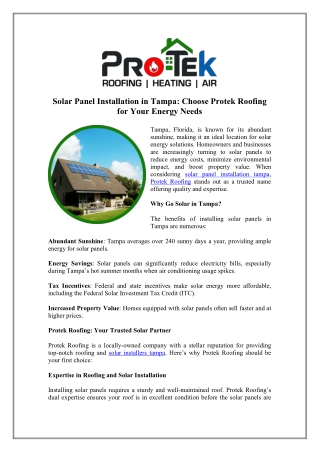 Get Solar Panel Installation Tampa - Protek Roofing