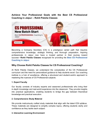 Achieve Your Professional Goals with the Best CS Professional Coaching in Jaipur – Rohit Patolia Classes