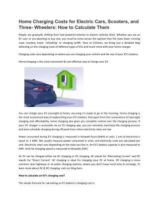 Home Charging Costs for Electric Cars, Scooters, and Three- Wheelers
