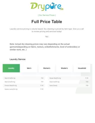 Comprehensive Laundry & Dry Cleaning Price List - Drypure Services