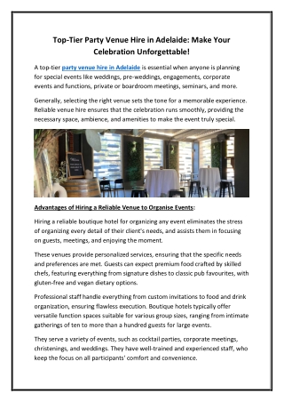 Top-Tier Party Venue Hire in Adelaide Make Your Celebration Unforgettable!