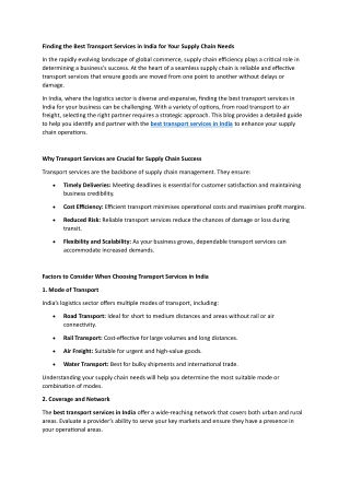 Finding the Best Transport Services in India for Your Supply Chain Needs