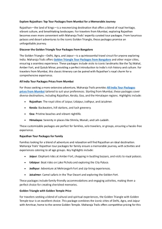 Explore Rajasthan Top Tour Packages from Mumbai for a Memorable Journey