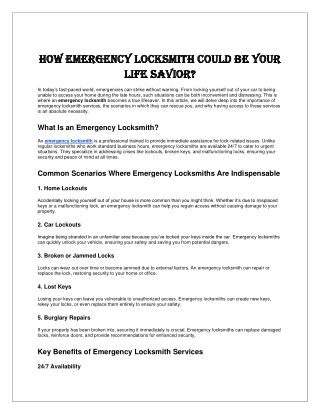 How Emergency Locksmith Could Be Your Life Savior
