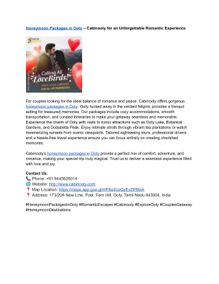 Honeymoon Packages in Ooty – Cabinooty for an Unforgettable Romantic Experience