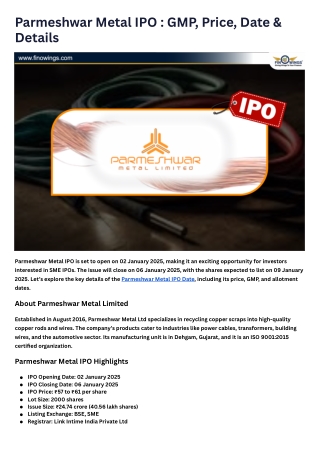 Parmeshwar Metal IPO  GMP, Price, Date & Details