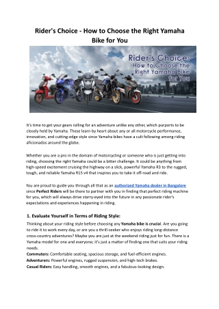 Rider's Choice - How to Choose the Right Yamaha Bike for You