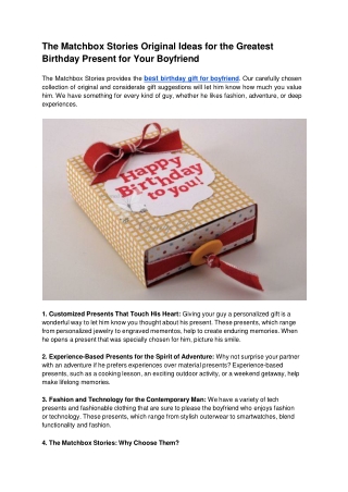 The Matchbox Stories Original Ideas for the Greatest Birthday Present for Your Boyfriend