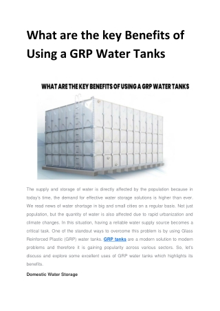 What are the key Benefits of Using a GRP Water Tanks.