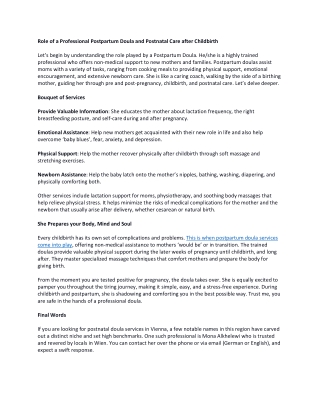Role of a Professional Postpartum Doula and Postnatal Care after Childbirth