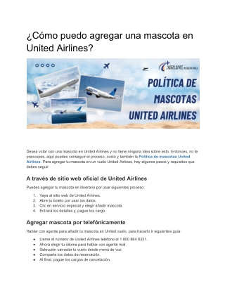 ¿Cómo puedo agregar una mascota en United Airlines