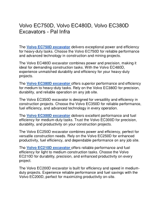 Volvo Excavators: Volvo EC750D, Volvo EC210D, Volvo EC140D