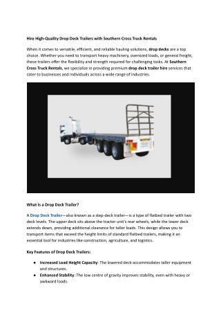 Hire High-Quality Drop Deck Trailers with Southern Cross Truck Rentals