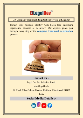 Get Company Trademark Registration Services at LegalDev