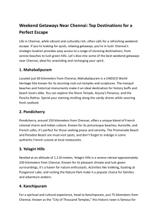 Weekend Getaways Near Chennai: Top Destinations for a Perfect Escape