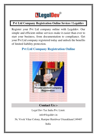Pvt Ltd Company Registration Online Sevices  Legaldev