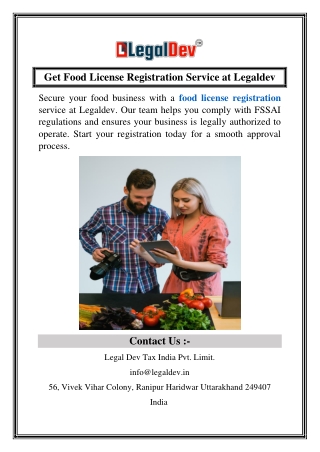 Get Food License Registration Service at Legaldev